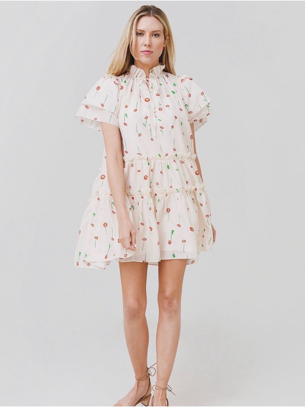 HUNTER BELL Merritt Cream Floral Ruffled Tiered Mini Dress
